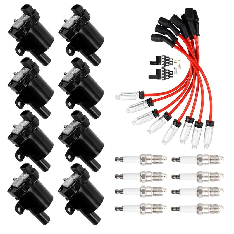 Set of 8 Round Ignition Coils D585 Spark Plugs 748UU 8mm Wires Compatible with Chevy Silverado 1500 2500 3500 Tahoe Suburban Express Sierra Savana Yukon GMC Replace UF262 C1512 12622553 BLACK